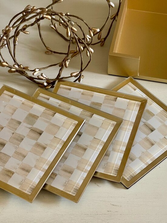 MacKenzie-Childs Other - MacKenzie-Childs Mocha Glass Coaster Set of 4 + caddy.